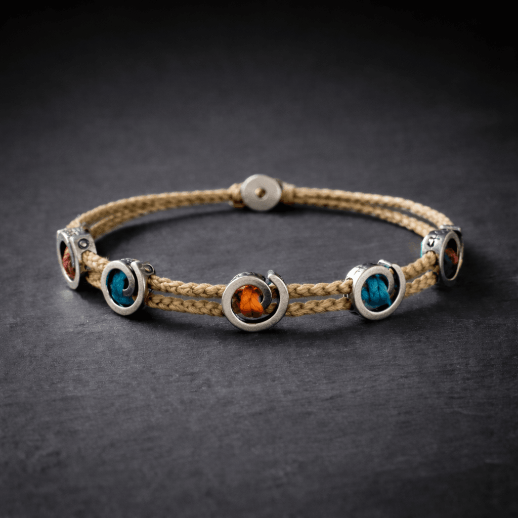 Olive Green Rope Bracelet with Silver Charms front view 2